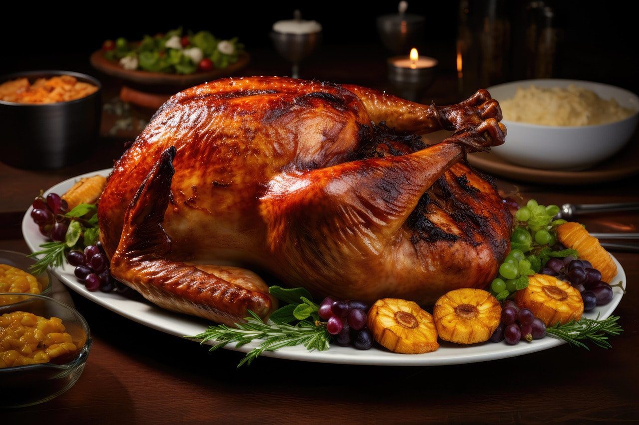 A cooked turkey with sides on a wooden table.